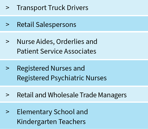 Transport Truck Drivers; Retail Salespersons; Nurse Aides, Orderlies and Patient Service Associates; Registered Nurses and
Registered Psychiatric Nurses; Retail and Wholesale Trade Managers; Elementary School and
Kindergarten Teachers